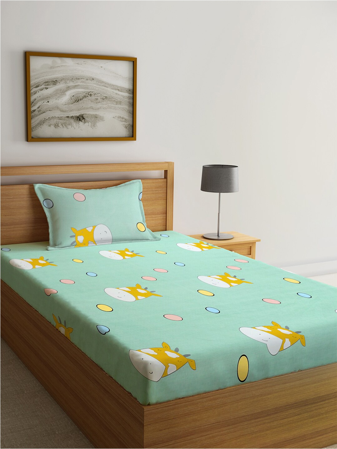 

KLOTTHE Green & Yellow Printed 300 TC Fitted Single Bedsheet With 1 Pillow Cover