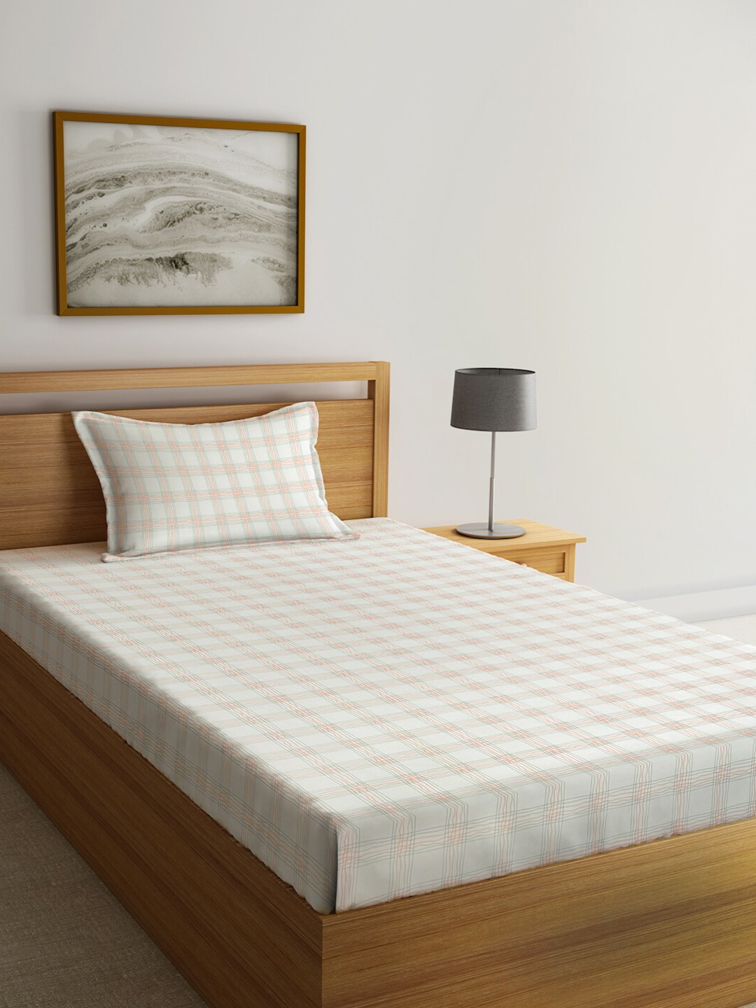 

KLOTTHE White & Grey Checked 300 TC Fitted Single Bedsheet With 1 Pillow Cover