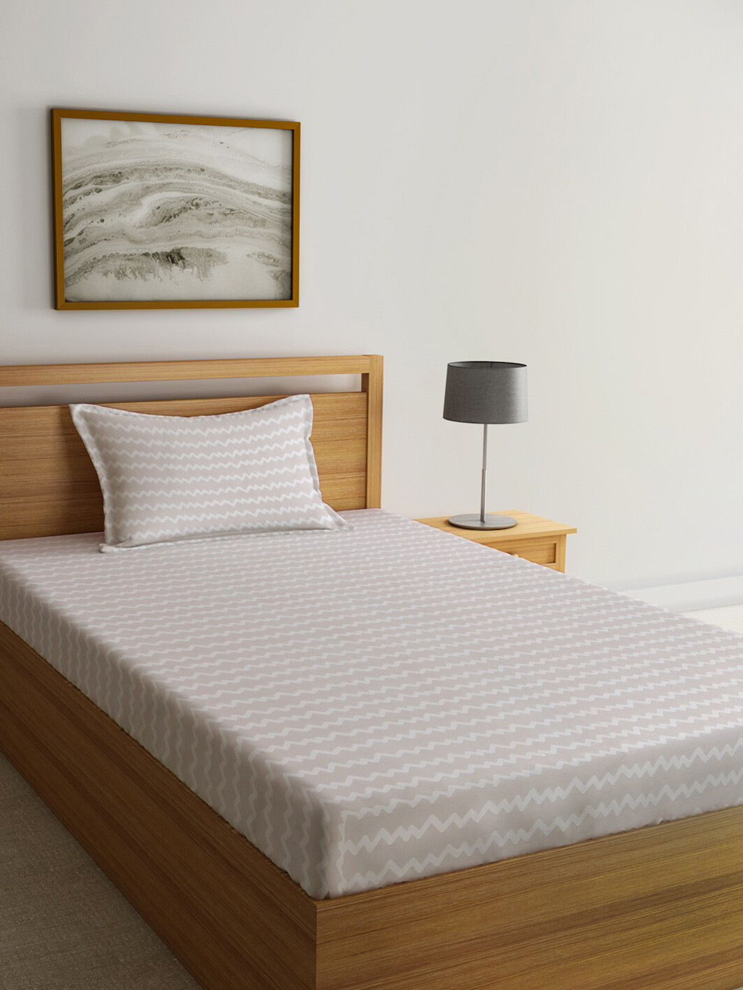 

KLOTTHE Beige & White Printed 300 TC Fitted Single Bedsheet With 1 Pillow Cover