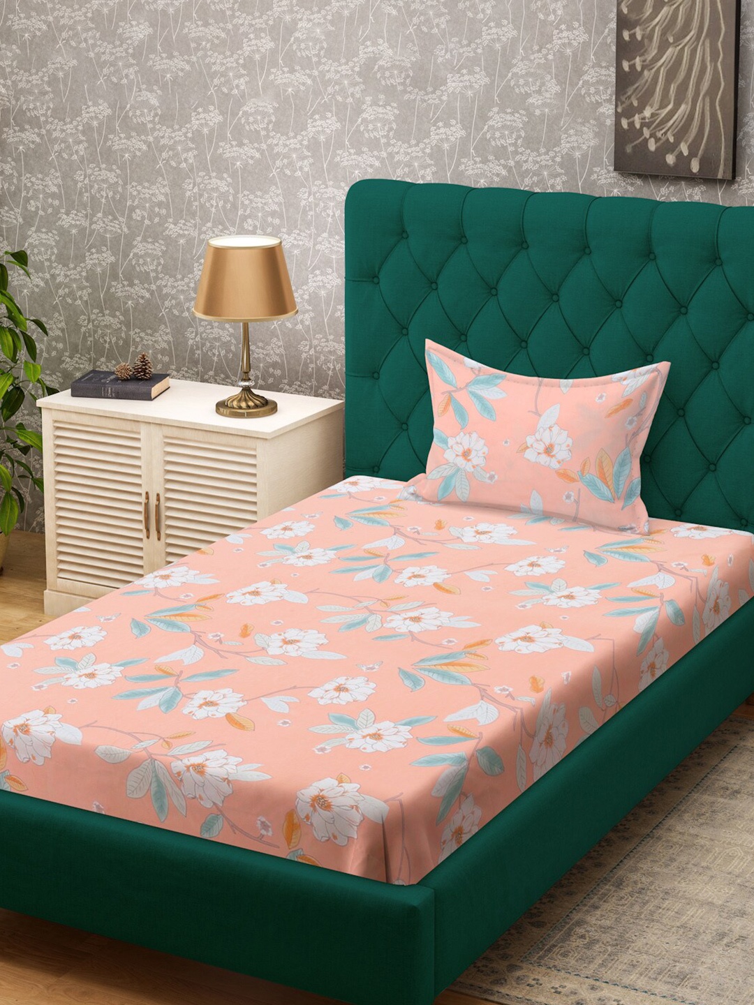 

KLOTTHE Kids Peach-Colored Printed 300 TC Single Bedsheet & 1 Pillow Cover