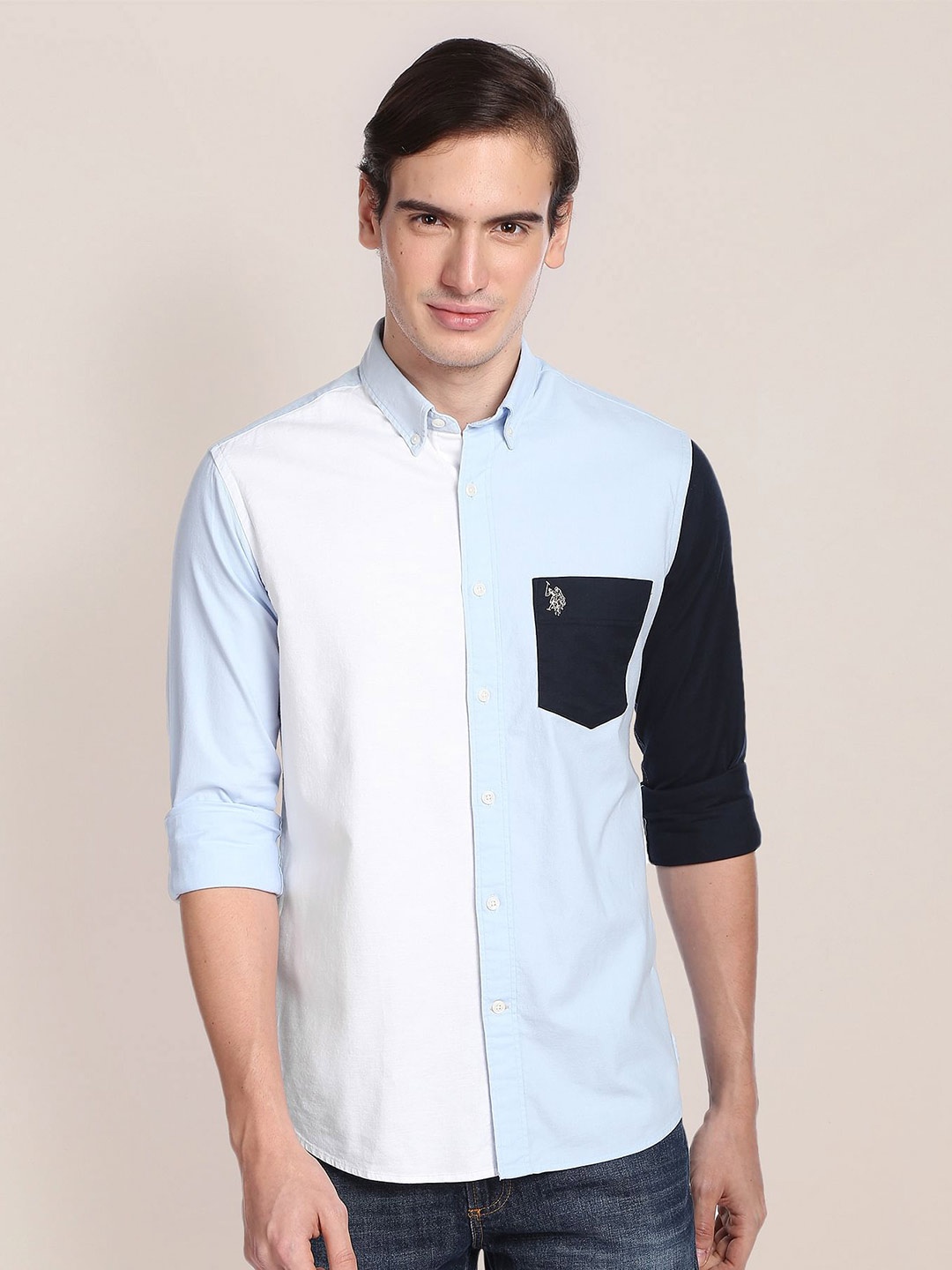 

U.S. Polo Assn. Colourblocked Opaque Casual Shirt, Blue