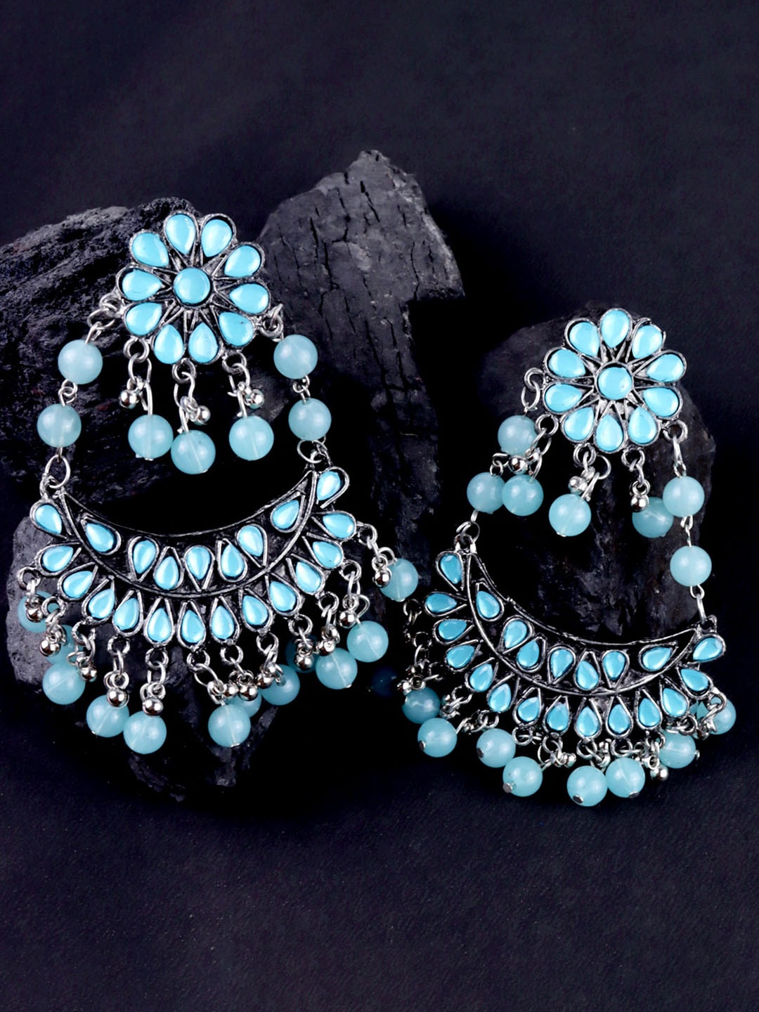 

Krelin Silver-Plated Crescent Shaped Stone Studded And Beaded Chandbalis