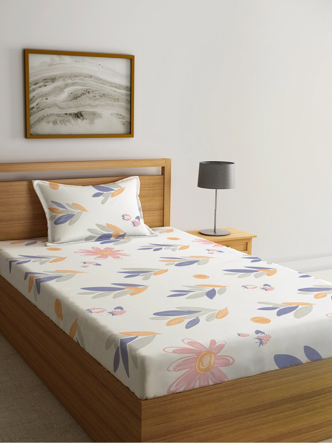 

KLOTTHE White & Purple Floral Printed 300 TC Single Bedsheet With Pillow Cover