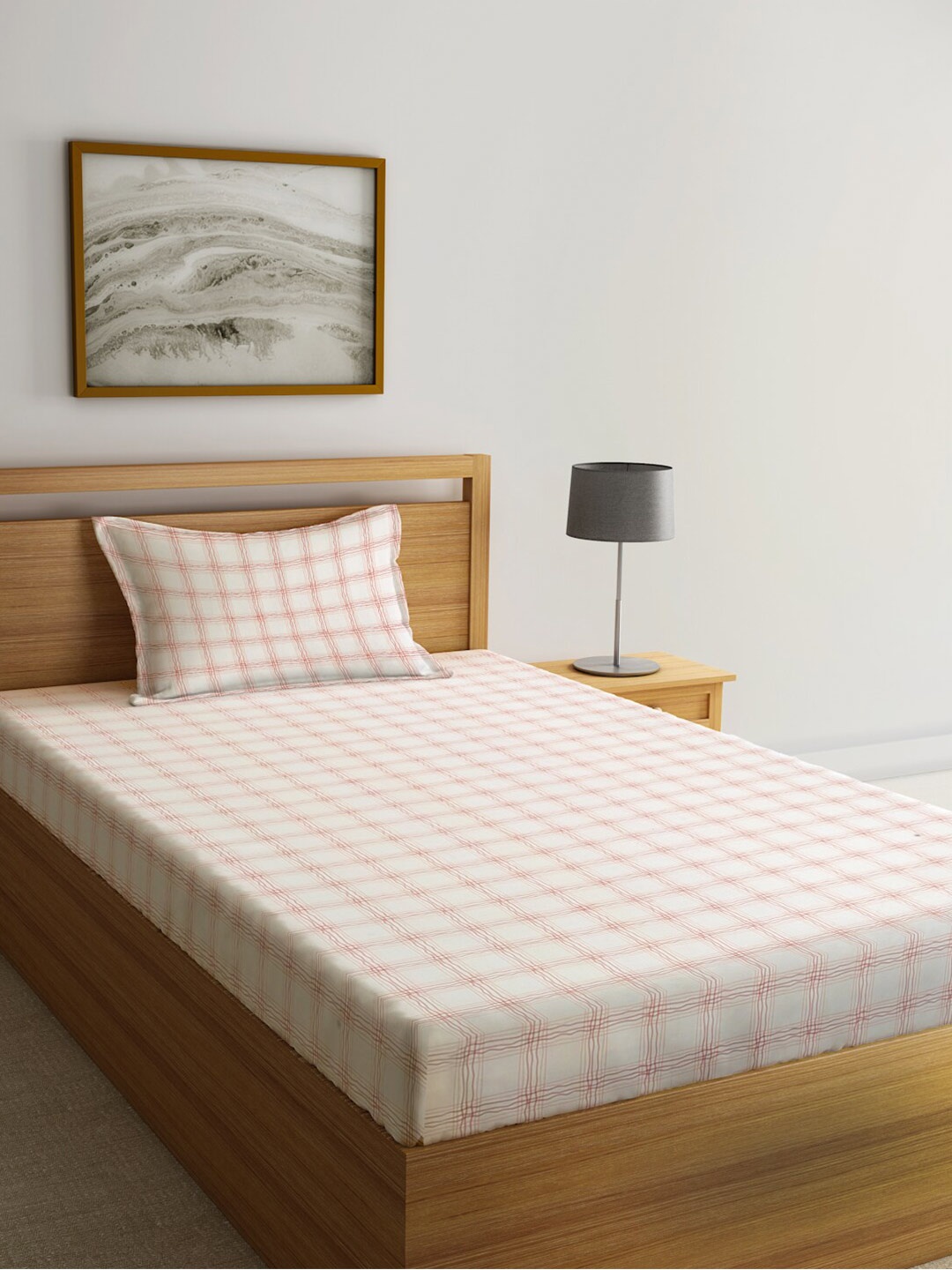 KLOTTHE White & Orange Checked 300 TC Single Bedsheet & Pillow Cover