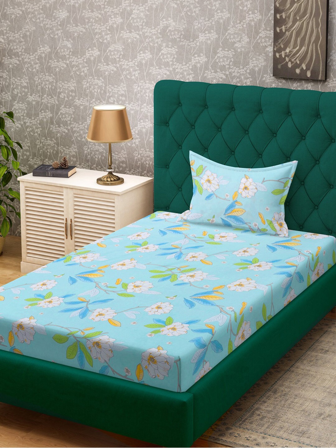 

KLOTTHE Blue & Green Floral Printed 300 TC Single Bedsheet & Pillow Cover