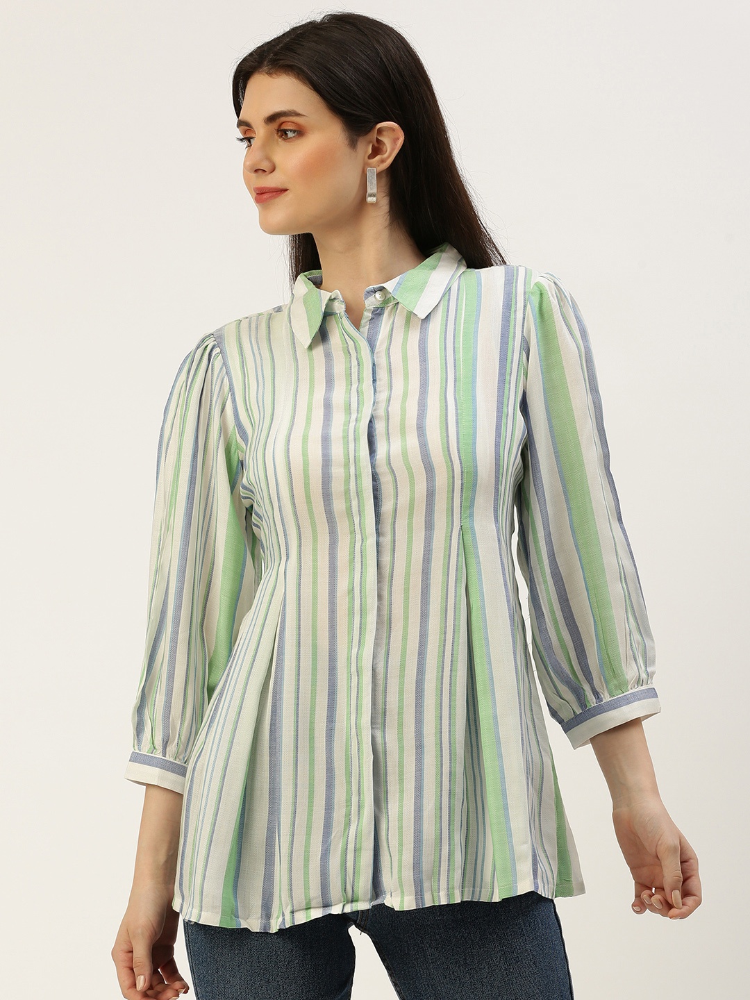 

AND Striped Shirt Style Top With Pleated Detail, White