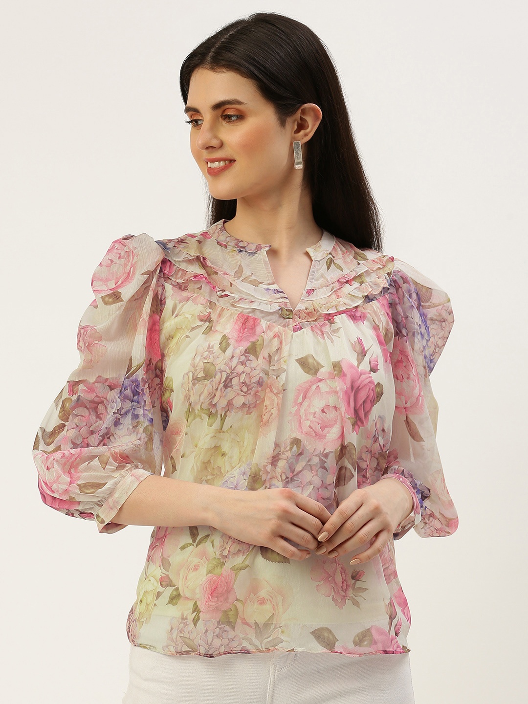 

AND Floral Print Bishop Sleeves Ruffled Top, Multi