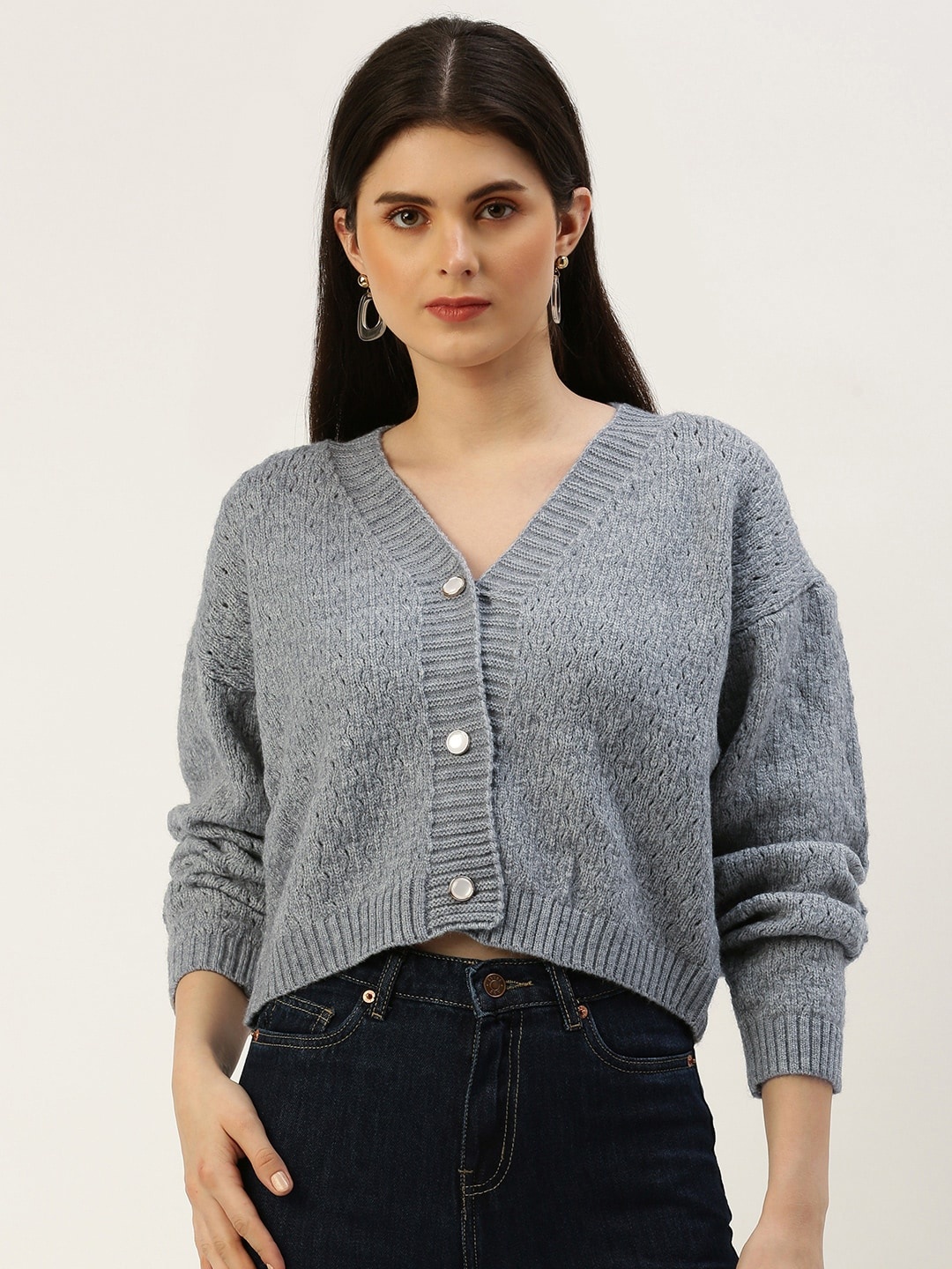 

AND Self Design Knitted Drop Shoulder Sleeves Crop Top With Inner Slip, Grey