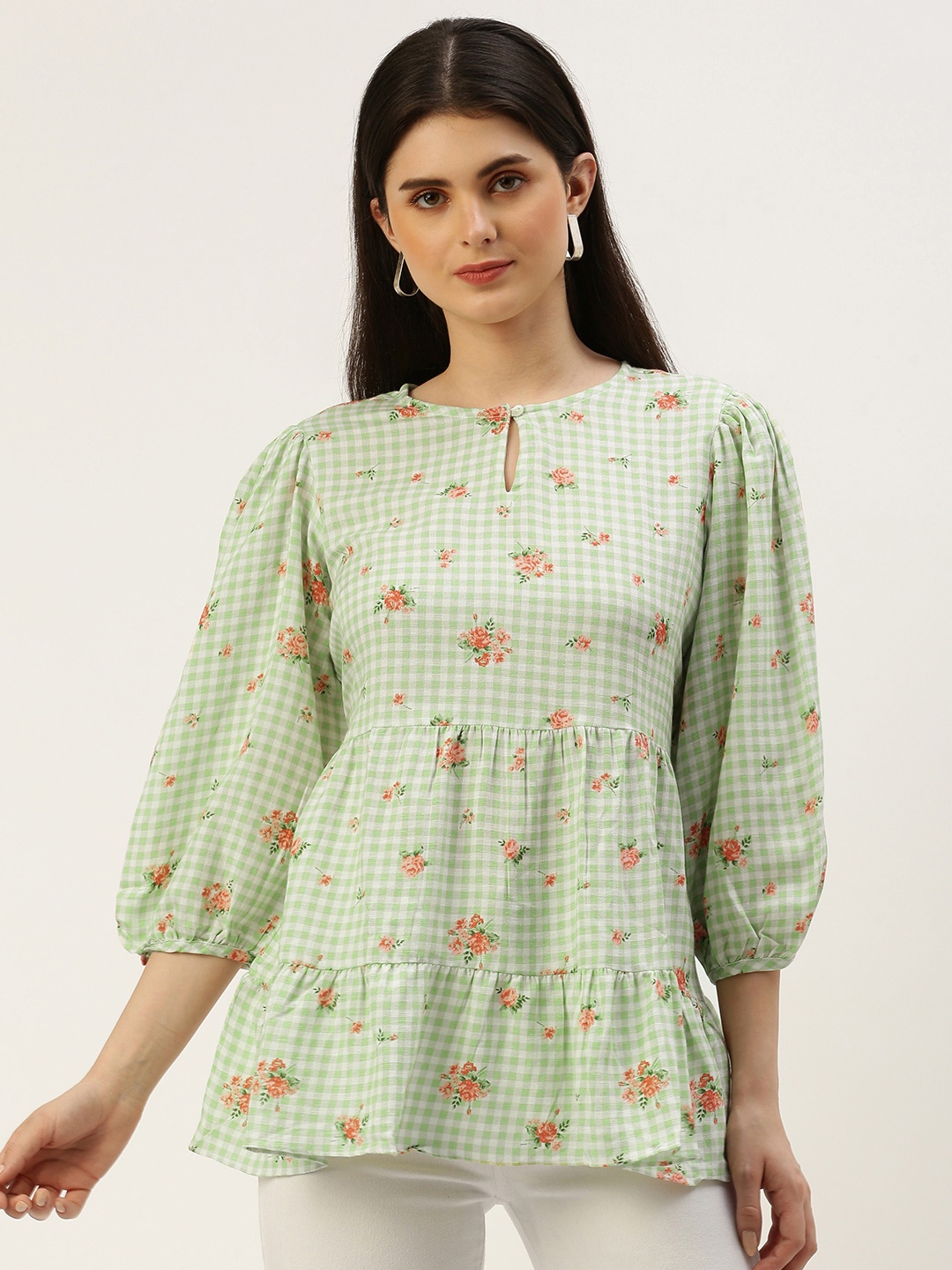 

AND Floral Checked Puff Sleeve Tiered Top, White
