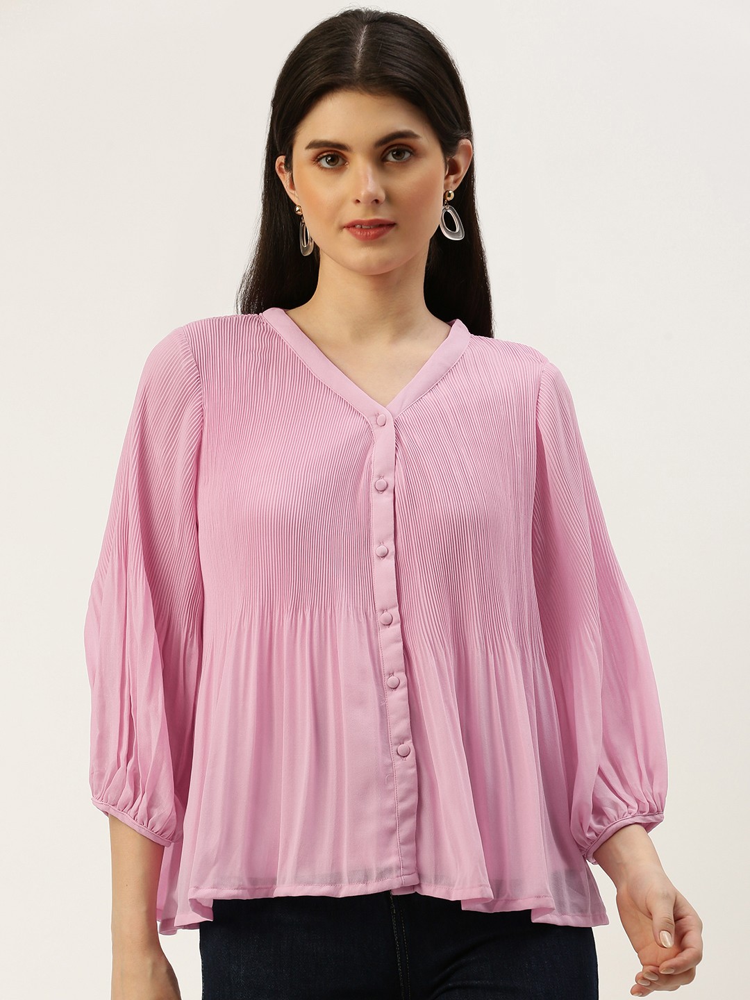 

AND Solid Bishop Sleeves V-Neck A-Line Top, Lavender
