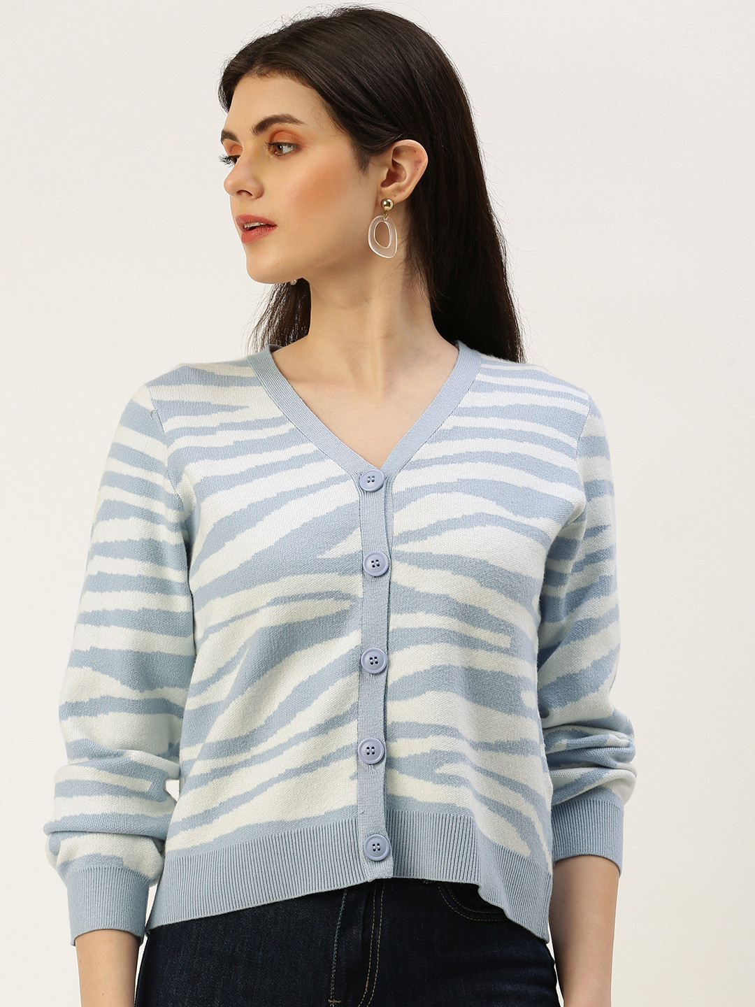 

AND V-Neck Animal Pattern Self-Design Open-Front Cardigan, Blue