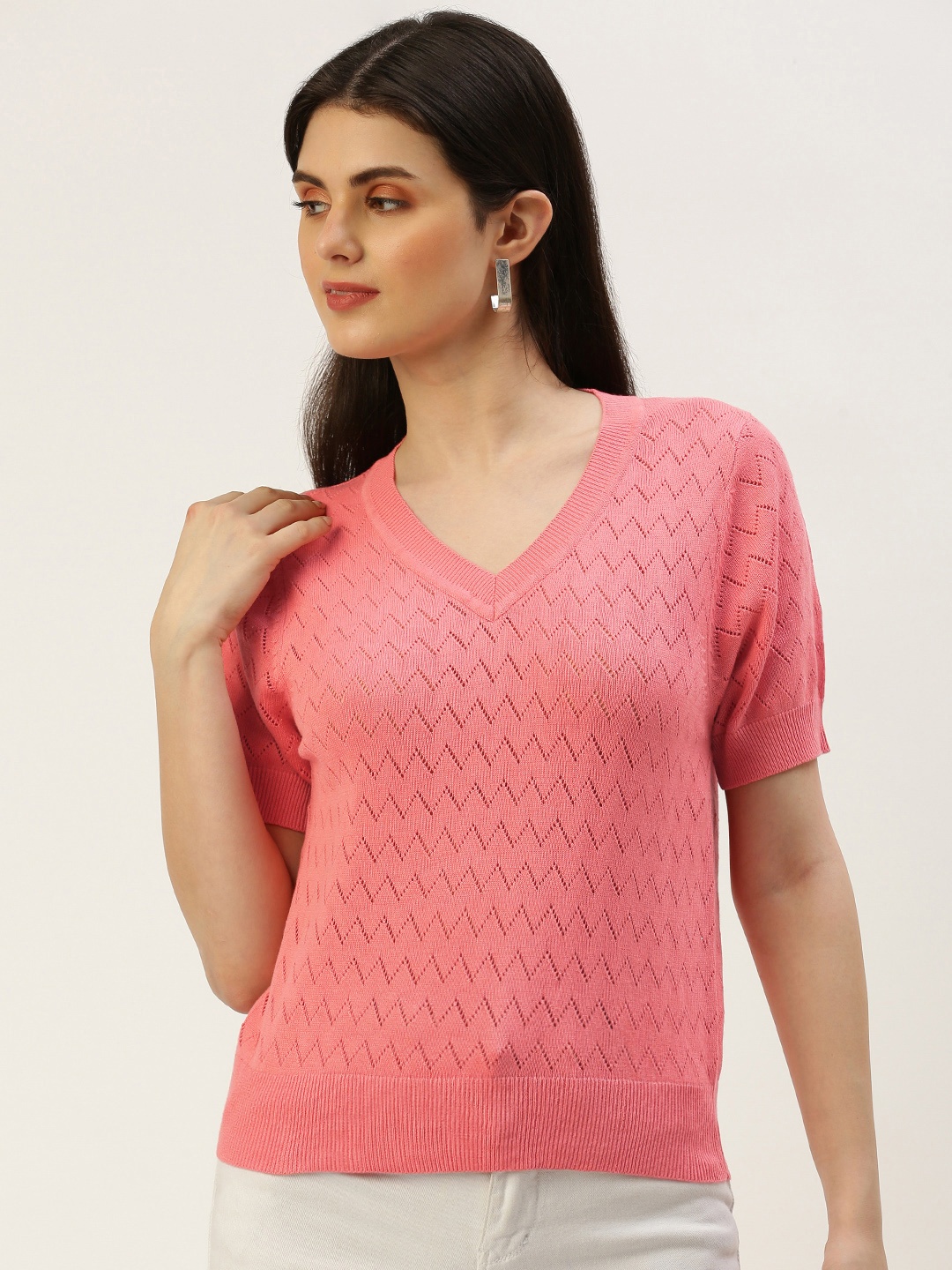 

AND V-Neck Knitted Self Design Short Sleeves Top, Pink