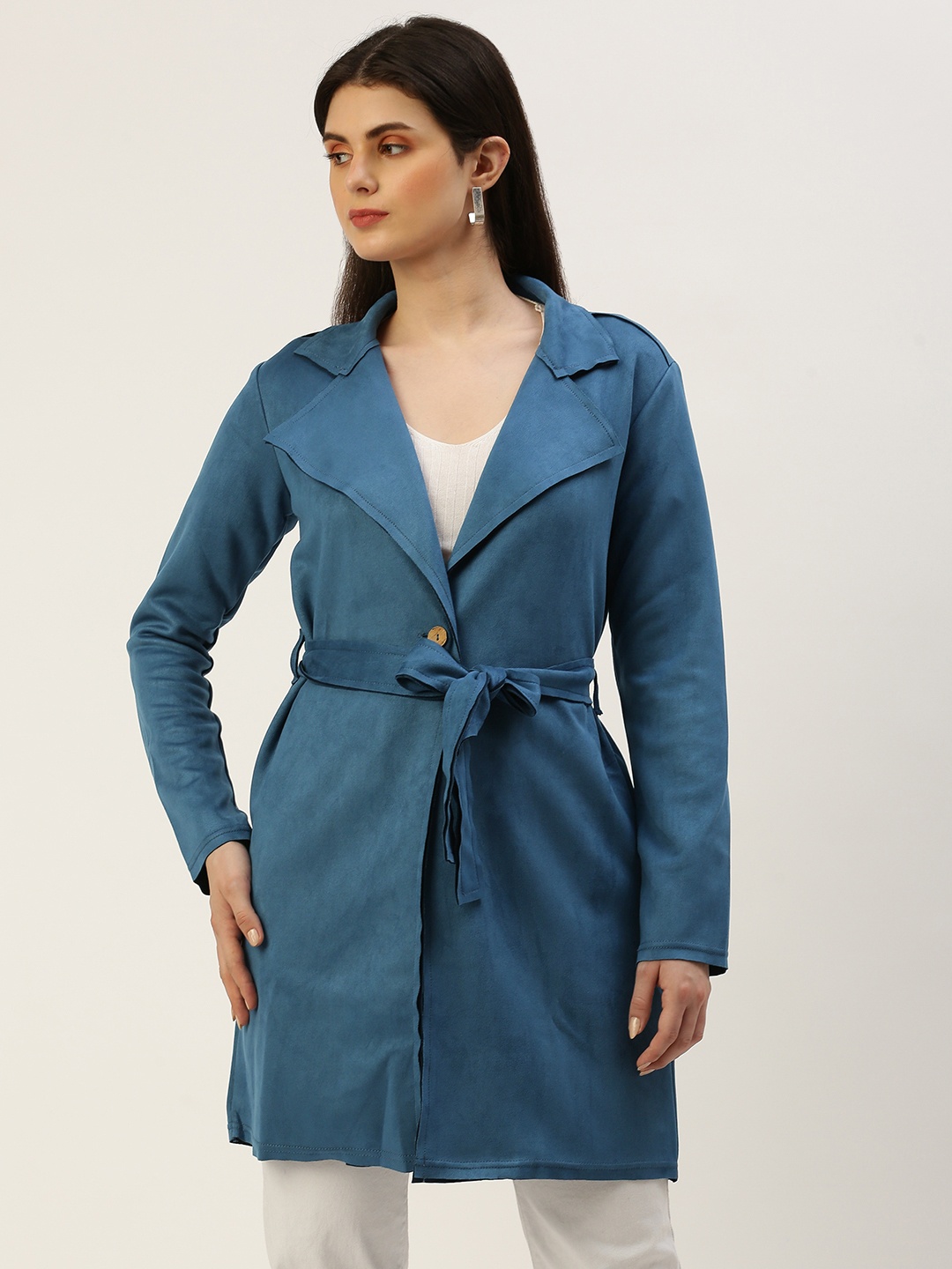 

AND Women Solid Lapel Collar Longline Tailored Jacket, Blue