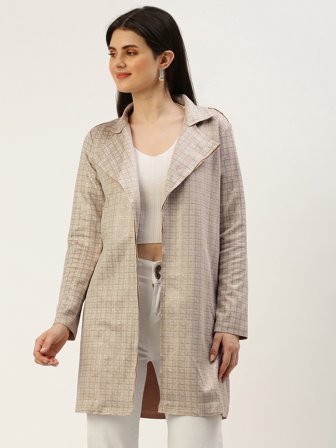 

AND Lapel Collar Checked Front-Open Longline Tailored Jacket, Cream