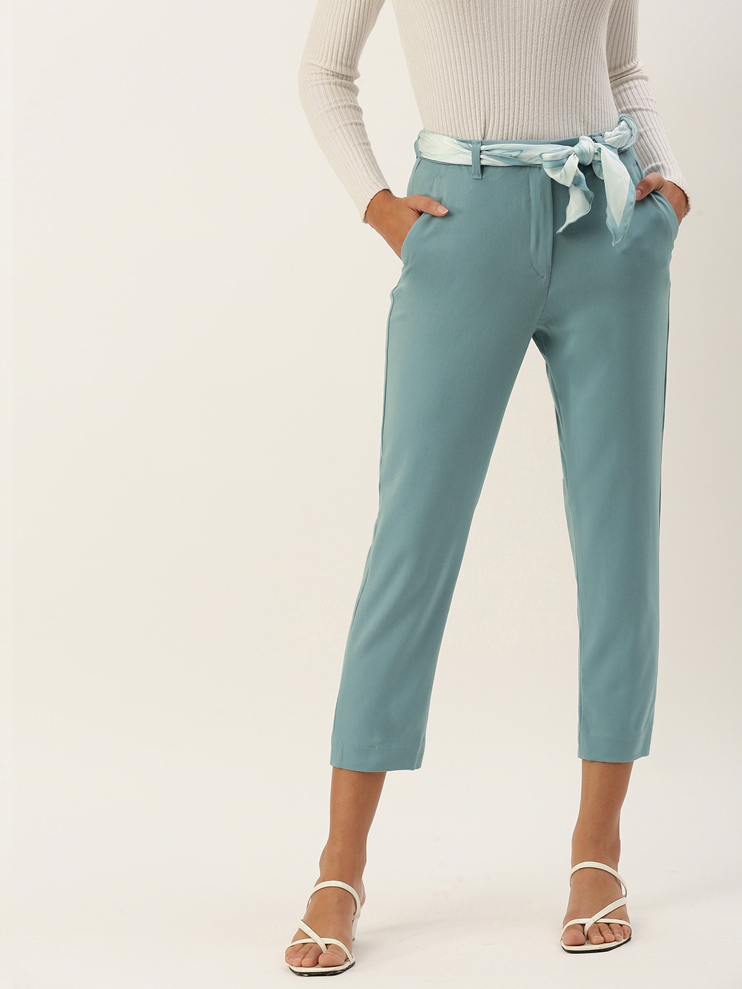 

AND Women Mid-Rise Trousers With Fabric Waist Belt, Blue
