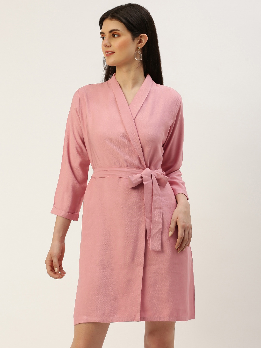 

AND Solid Wrap Dress With Waist Tie Up Detail, Pink