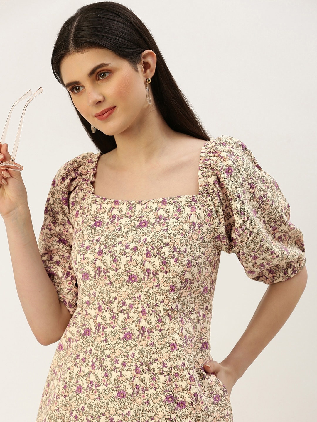 

AND Floral Printed Puff Sleeves A-Line Mini Dress, Beige