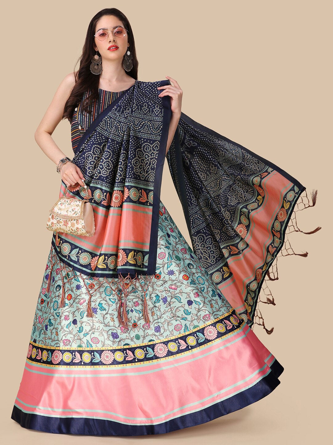 

Kaizen TEXO FAB Embroidered Semi-Stitched Lehenga & Unstitched Blouse With Dupatta, Navy blue