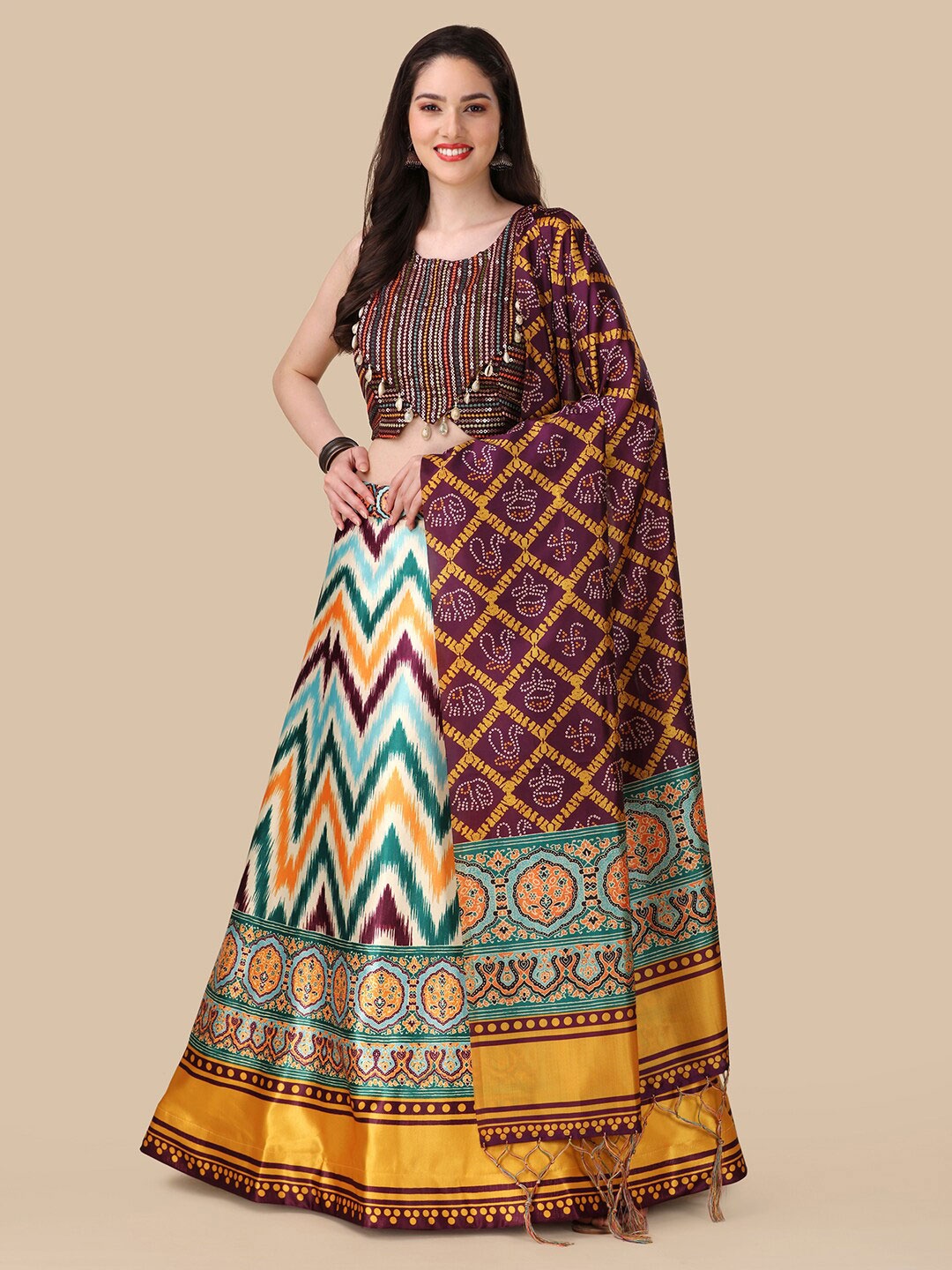 

Kaizen TEXO FAB Printed Sequinned Semi-Stitched Lehenga & Unstitched Blouse With Dupatta, Maroon