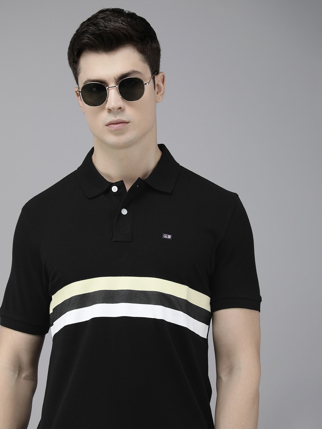 

Arrow Striped Polo Collar Pure Cotton T-shirt, Black