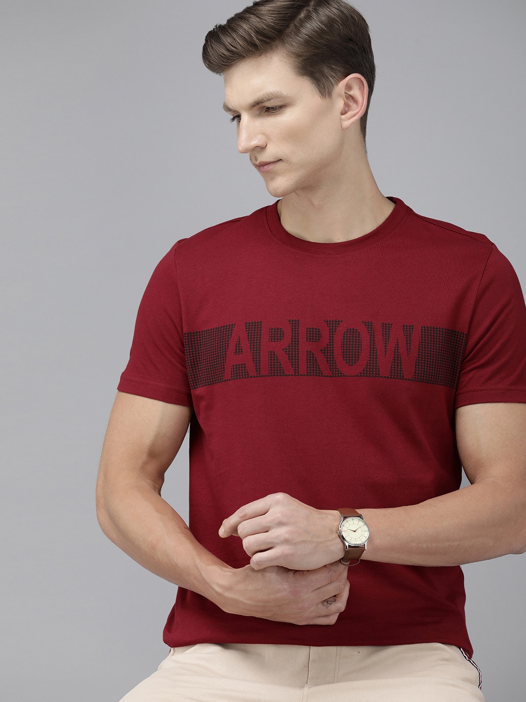 

Arrow Brand Logo Graphic Printed Pure Cotton T-shirt, Maroon