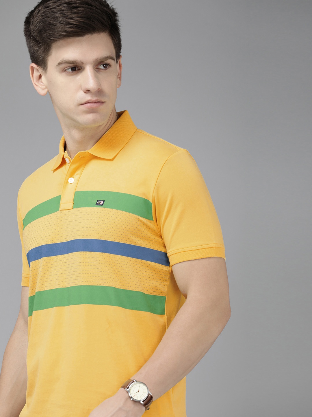 

Arrow Striped Polo Collar Pure Cotton T-shirt, Yellow