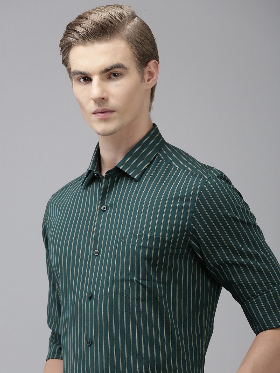 

Arrow Men Originals Manhattan Slim Fit Striped Pure Cotton Formal Shirt, Green