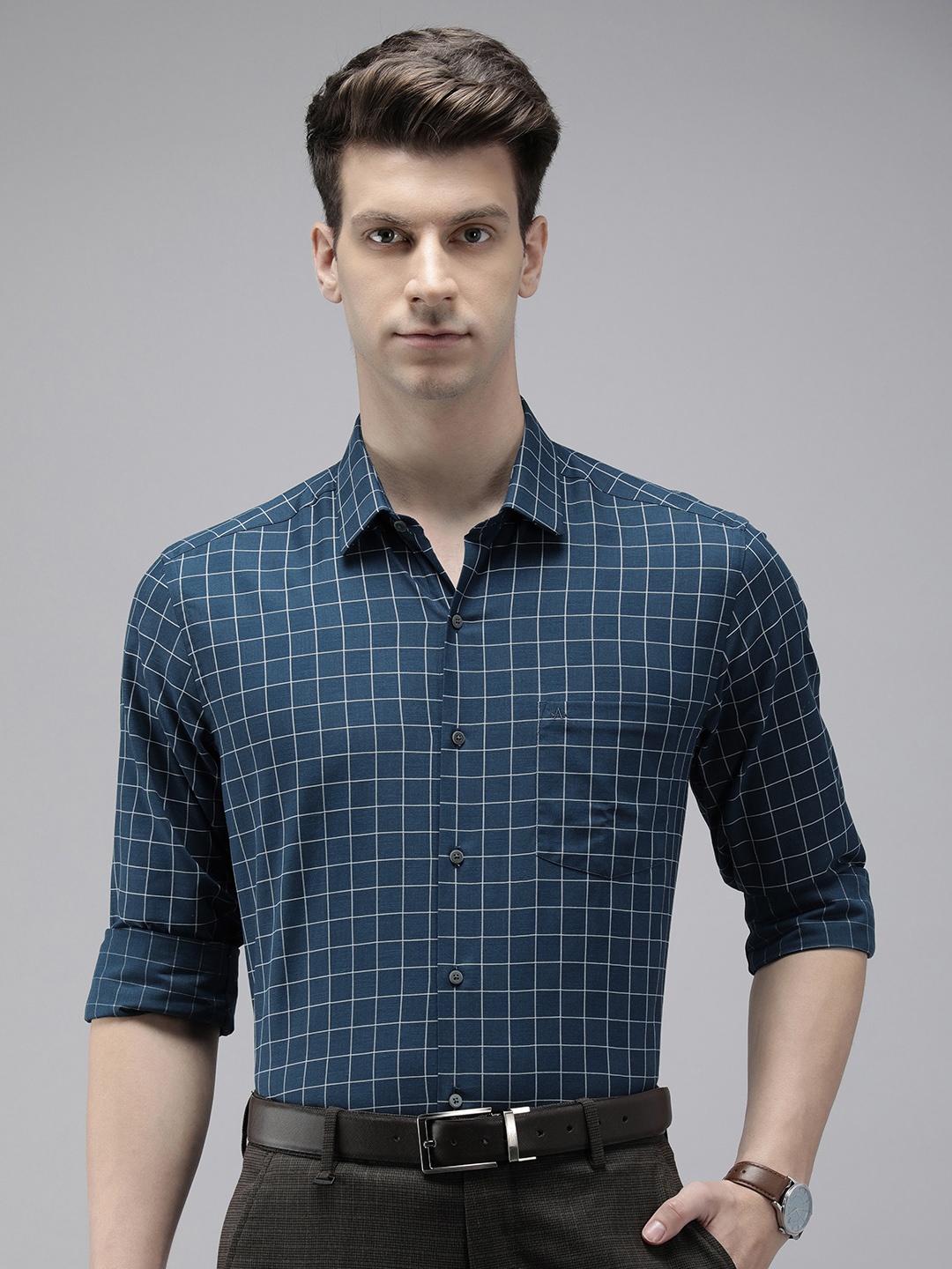 

Arrow Pure Cotton Manhattan Slim Fit Grid Tattersall Checked Formal Shirt, Navy blue