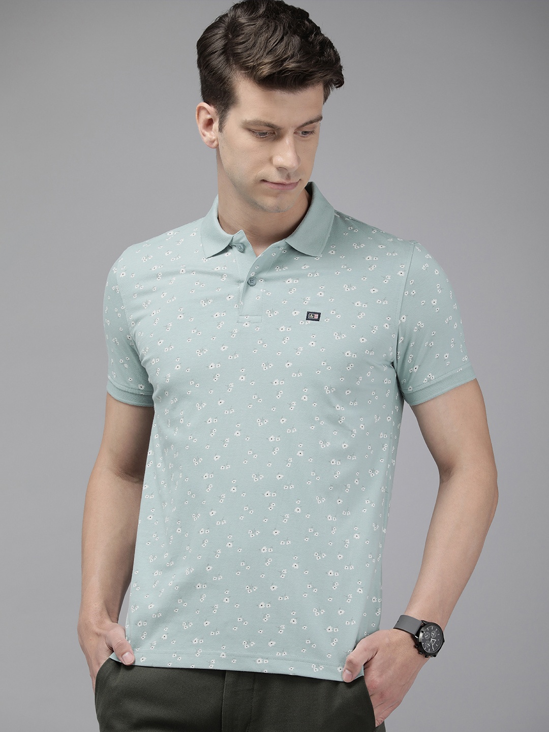 

Arrow Floral Printed Polo Collar Pure Cotton T-shirt, Blue