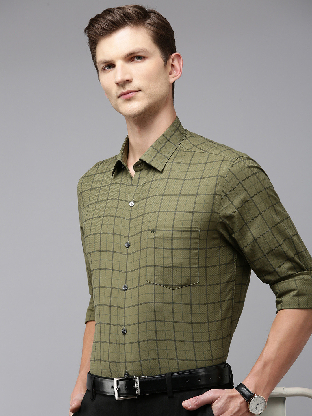 

Arrow Men Pure Cotton Original Slim Fit Tartan Checks Formal Shirt, Olive
