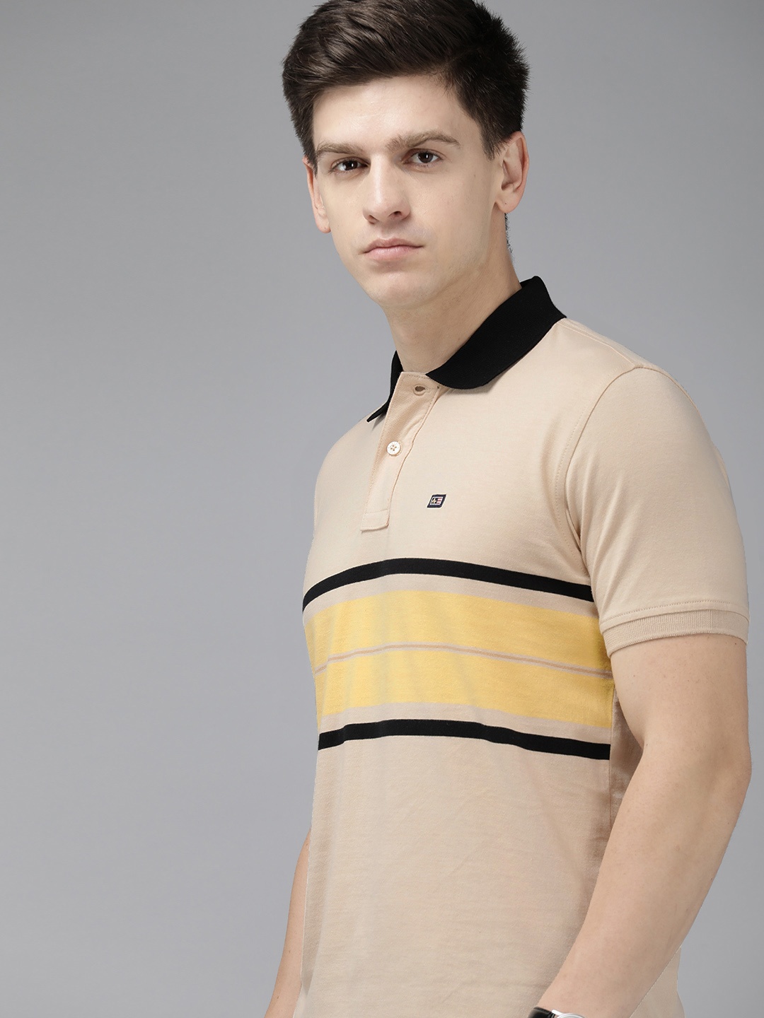 

Arrow Striped & Colourblocked Detail Polo Collar Pure Cotton T-shirt, Beige