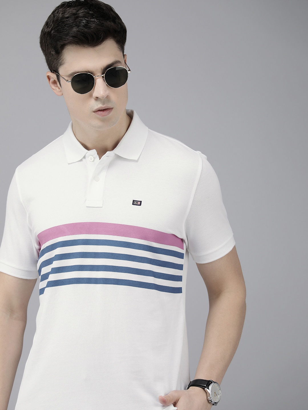 

Arrow Striped Polo Collar Pure Cotton T-shirt, White