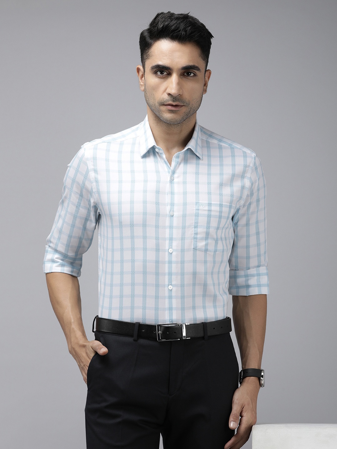 

Arrow Pure Cotton Manhattan Slim Fit Checked Formal Shirt, Blue