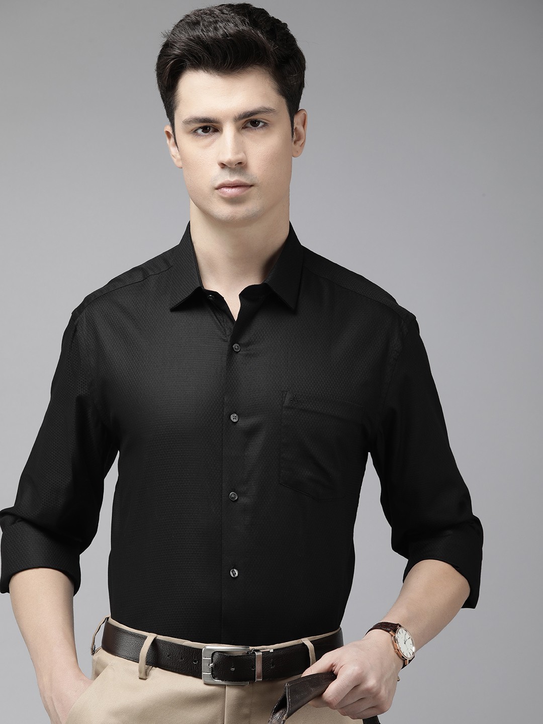 

Arrow Pure Cotton Self Design Textured Manhattan Slim Fit Formal Shirt, Black