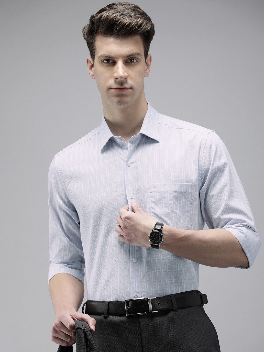 

Arrow Manhattan Slim Fit Striped Pure Cotton Formal Shirt, Grey