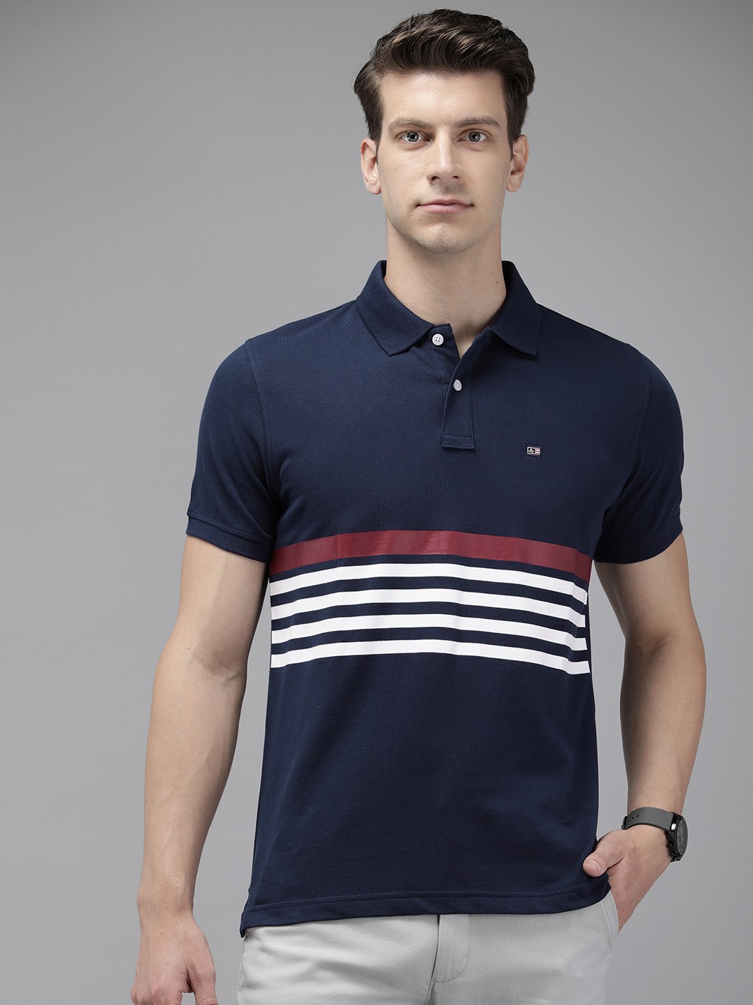 

Arrow Striped Polo Collar Pure Cotton T-shirt, Navy blue