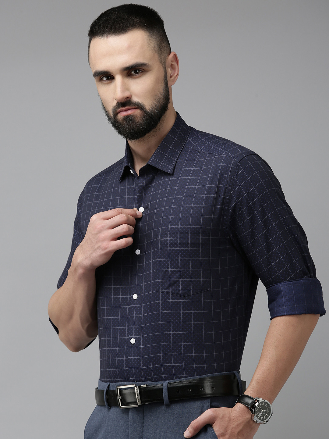 

Arrow Pure Cotton Original Slim Fit Checked Formal Shirt, Navy blue
