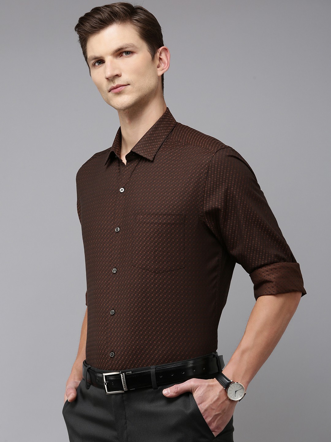 

Arrow Pure Cotton Self Design Original Slim Fit Textured Formal Shirt, Brown