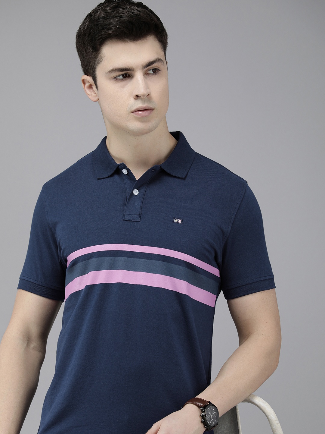 

Arrow Striped Polo Collar Pure Cotton T-shirt, Navy blue