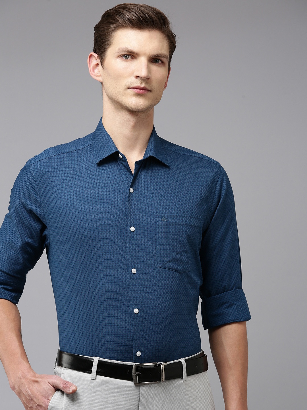 

Arrow Men Pure Cotton Original Slim Fit Printed Formal Shirt, Navy blue