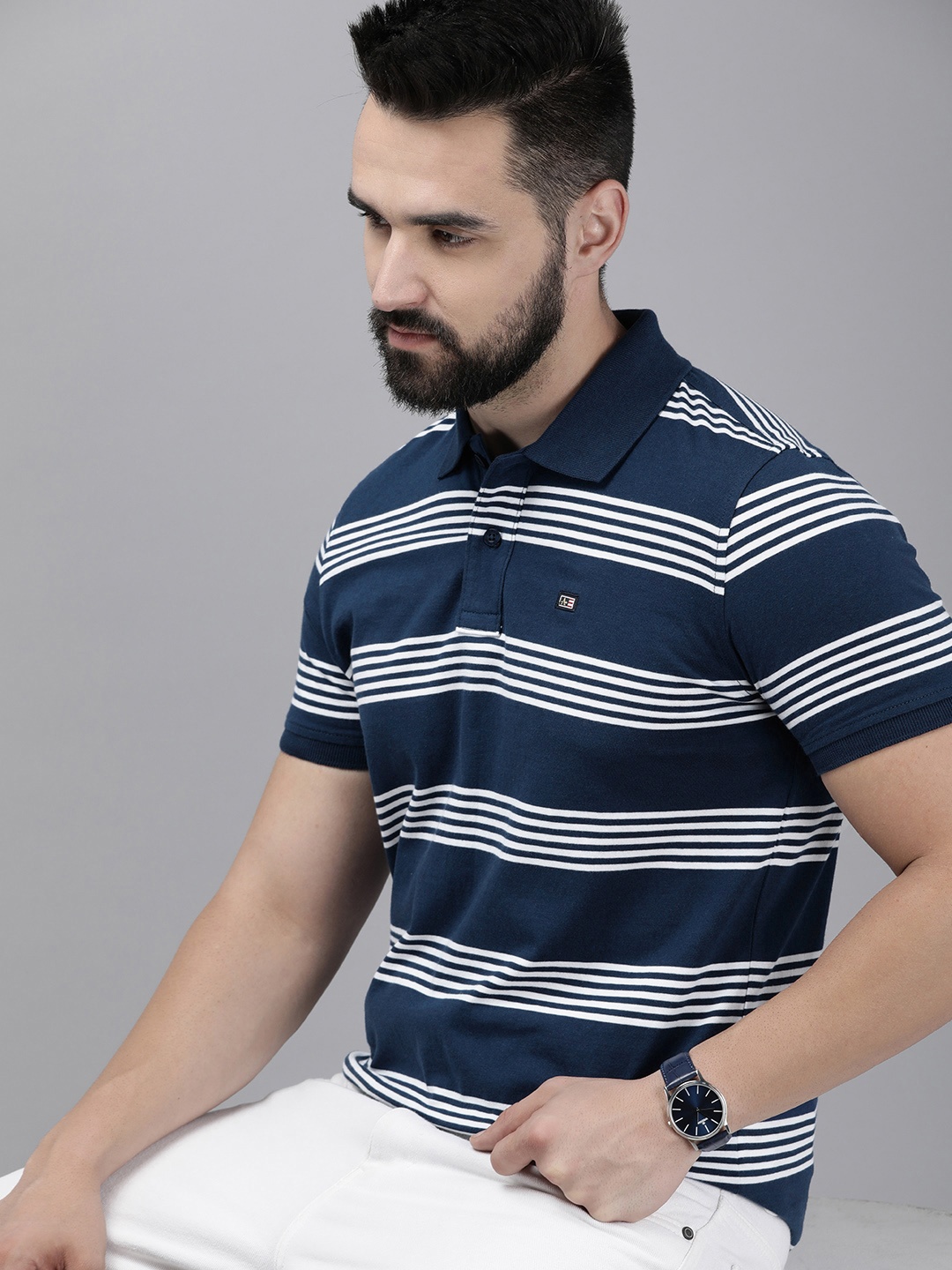 

Arrow Striped Polo Collar Pure Cotton T-shirt, Blue