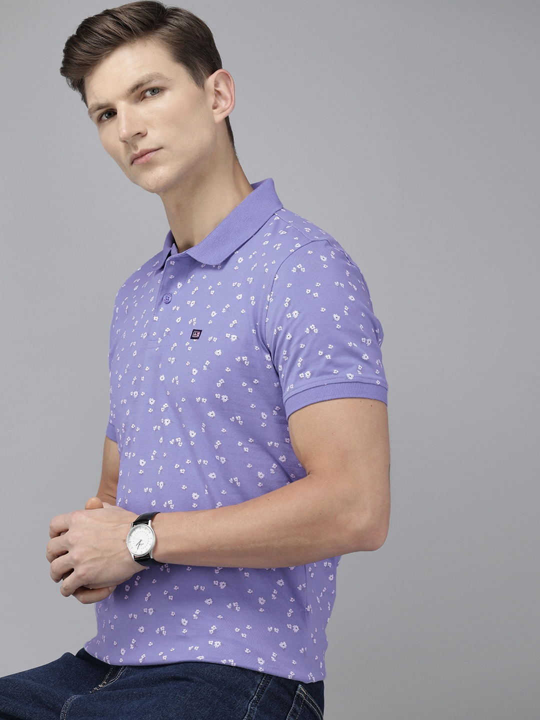 

Arrow Floral Printed Polo Collar Pure Cotton T-shirt, Purple