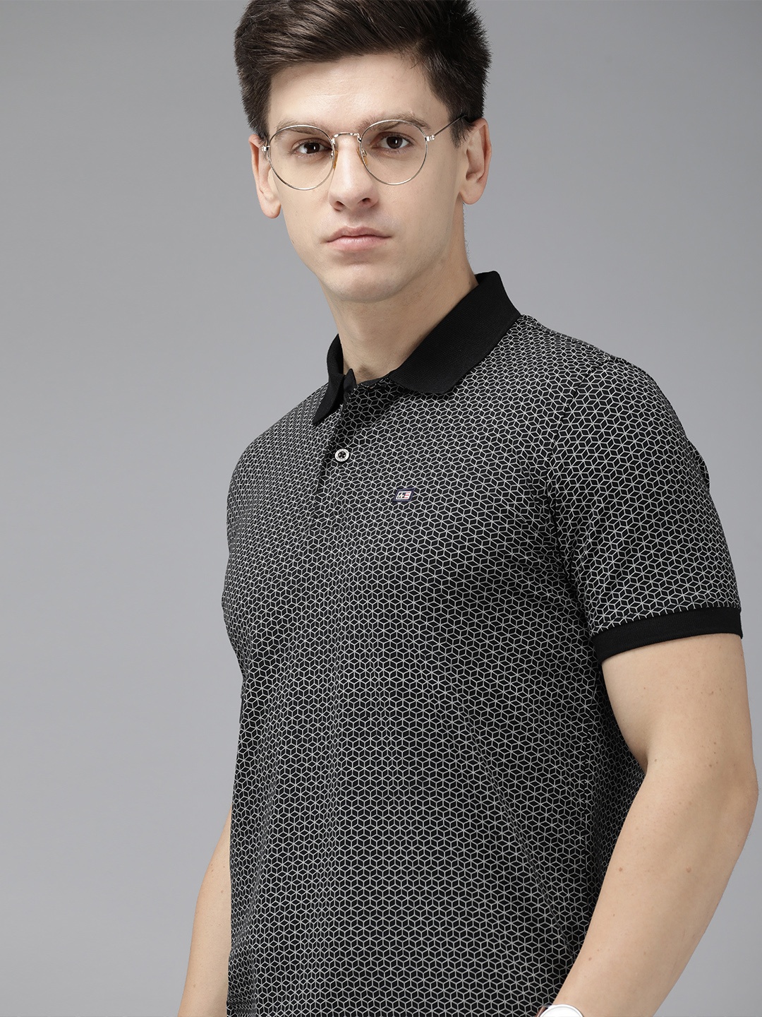 

Arrow Geometric Printed Polo Collar Pure Cotton T-shirt, Black