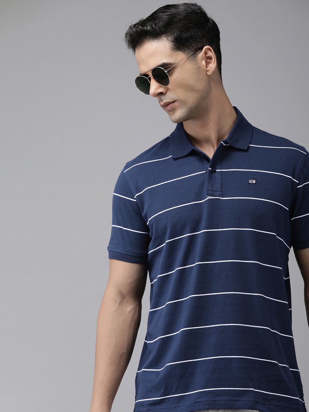 

Arrow Striped Polo Collar Pure Cotton T-shirt, Navy blue