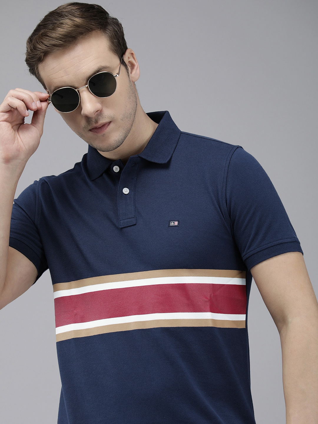 

Arrow Striped Polo Collar Pure Cotton T-shirt, Navy blue