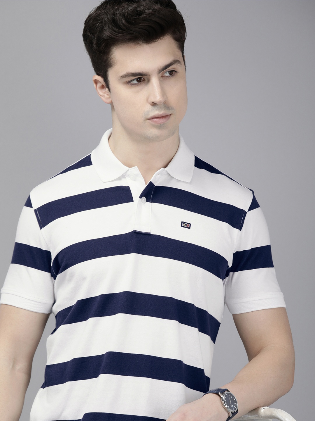 

Arrow Striped Polo Collar Pure Cotton T-shirt, White