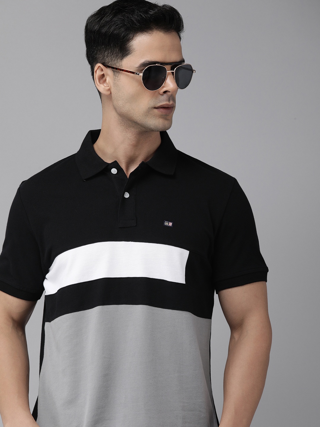 

Arrow Colourblocked Polo Collar Pure Cotton T-shirt, Black