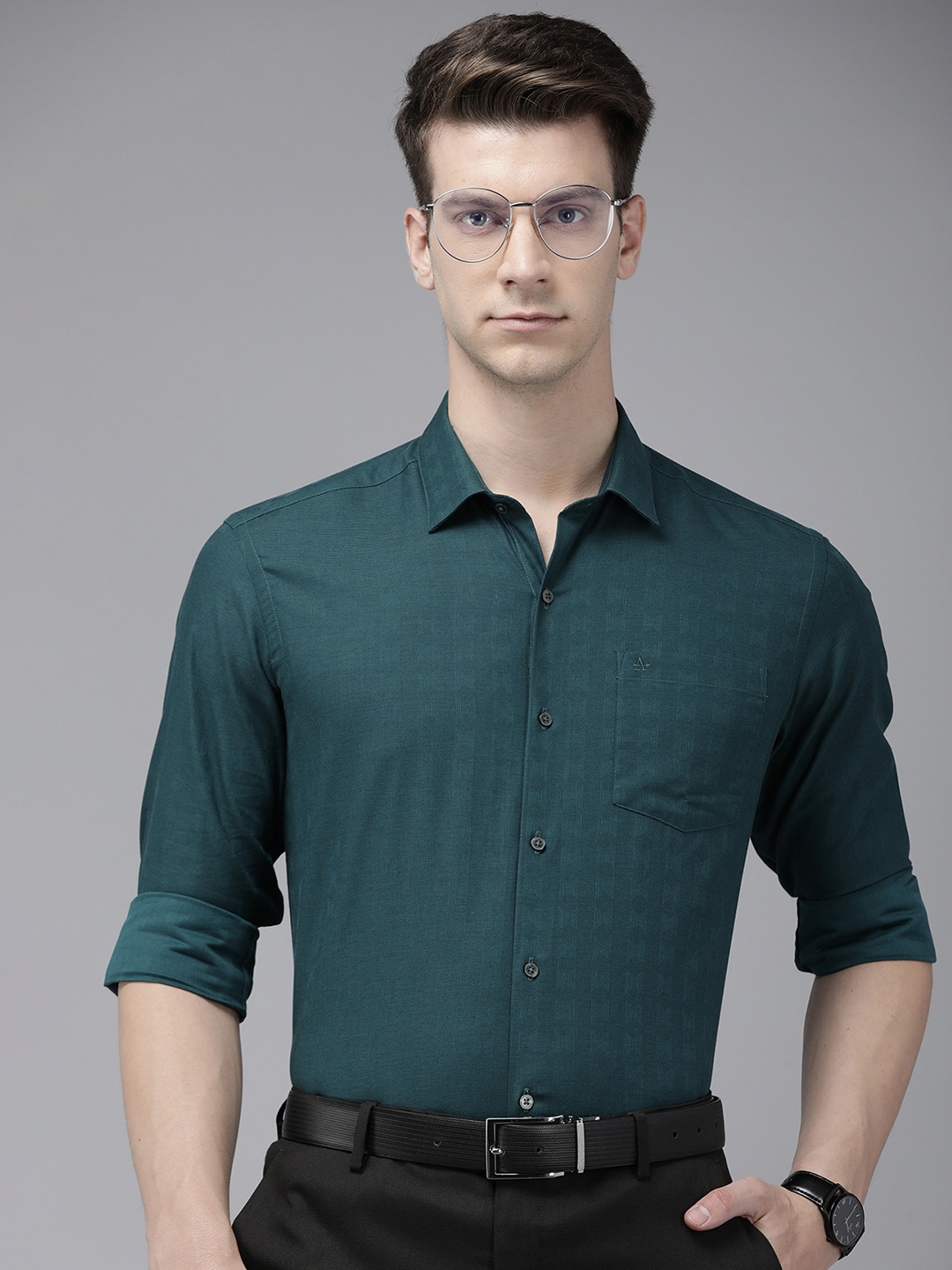 

Arrow Pure Cotton Self Design Manhattan Slim Fit Formal Shirt, Teal