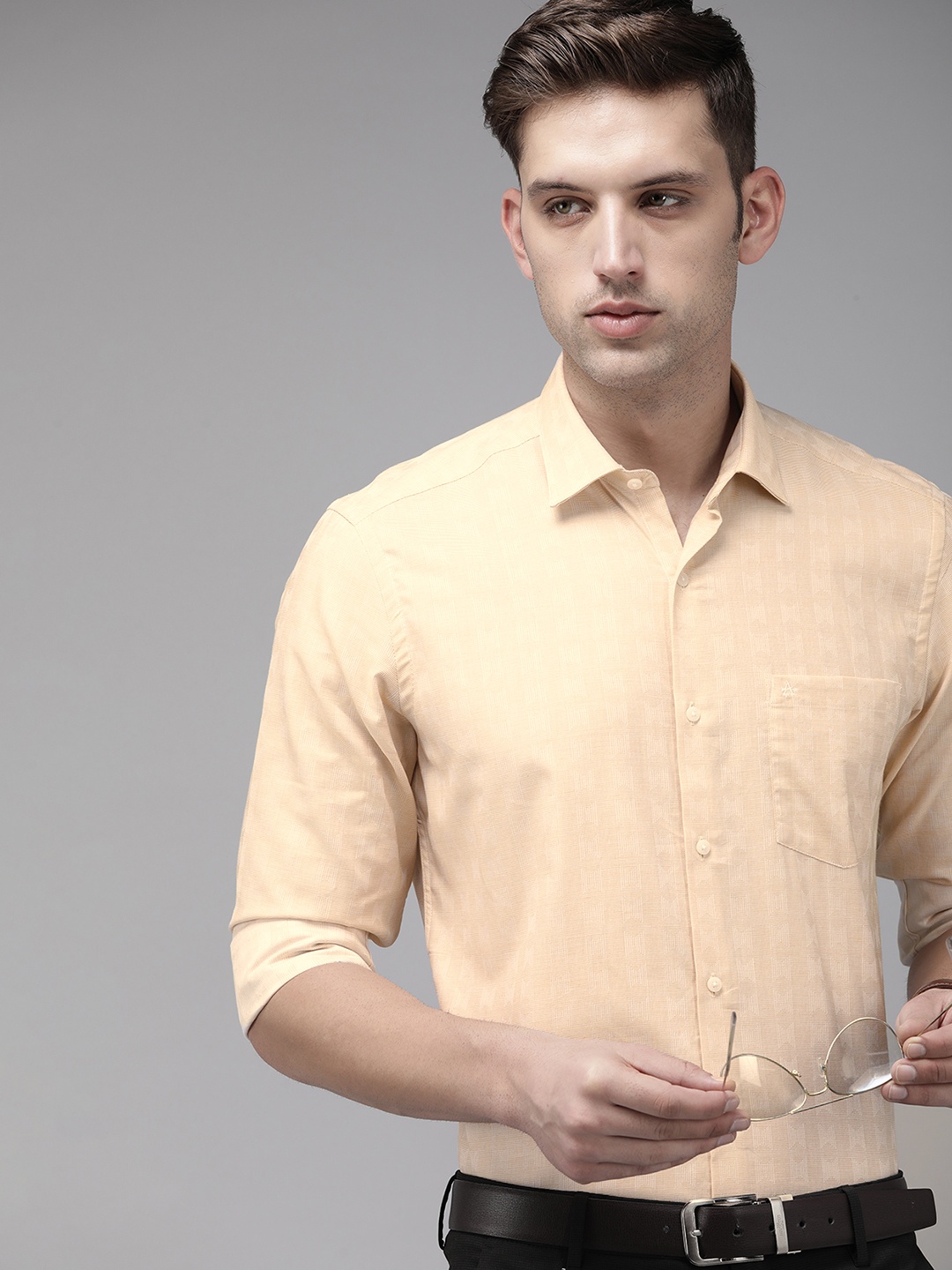 

Arrow Pure Cotton Self Design Textured Manhattan Slim Fit Formal Shirt, Beige