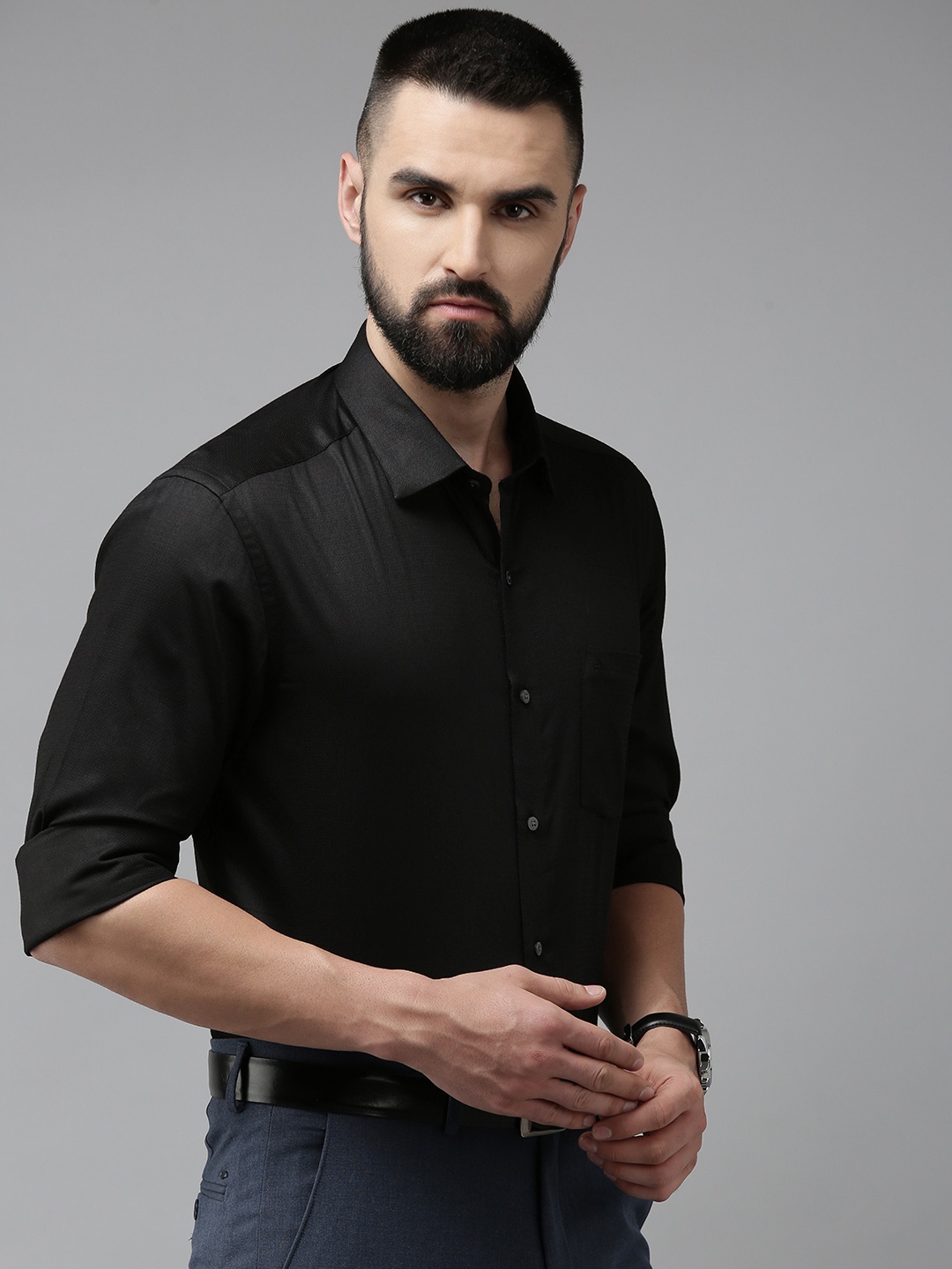 

Arrow Pure Cotton Self Design Textured Original Slim Fit Opaque Formal Shirt, Black